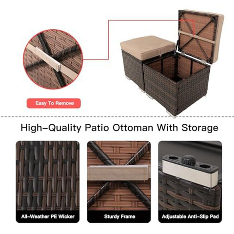 2 Wicker Ottomans, Multipurpose Outdoor Furniture For Patio, Backyard, Additional Seating, Footrest, Side Table With Storage, Removable Cushions